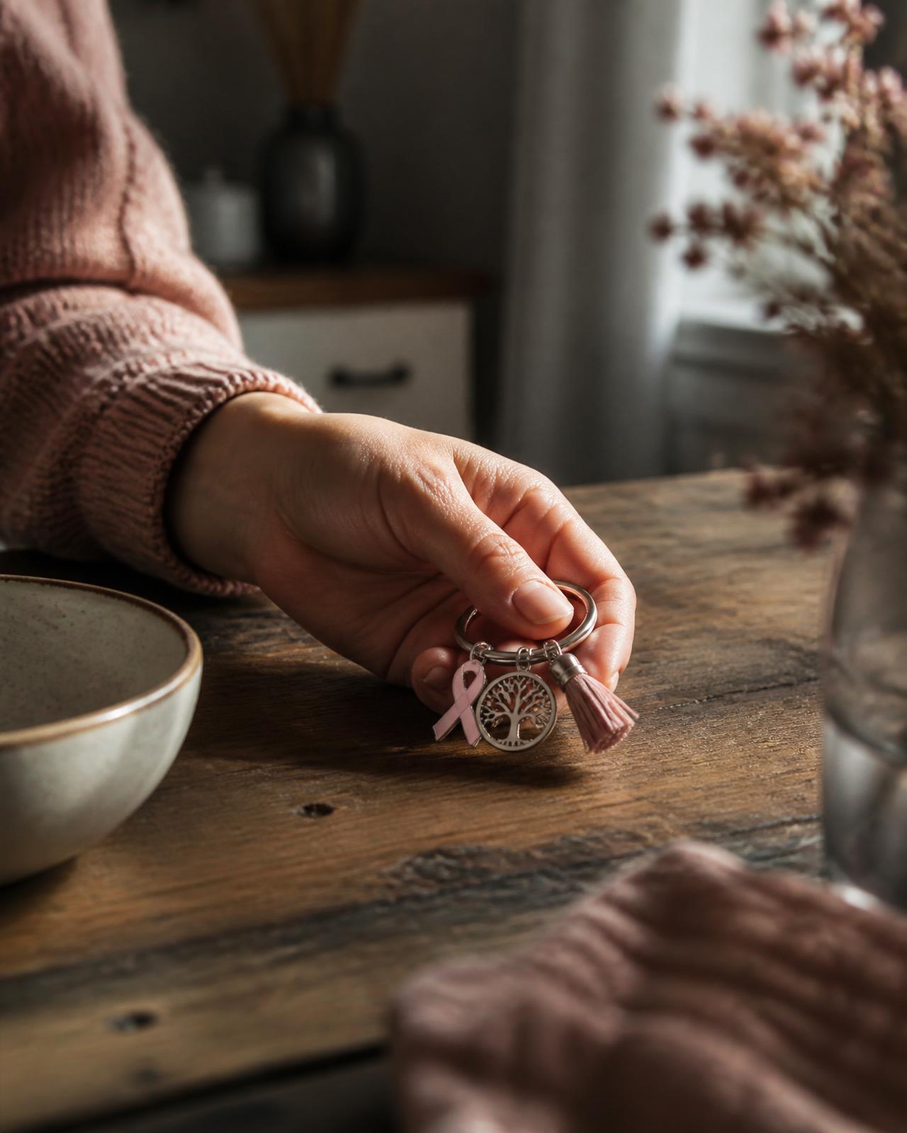 Hånd som holder en liten nøkkelring med rosa sløyfe, livets tre og rosa dusk på et kjøkkenbord.